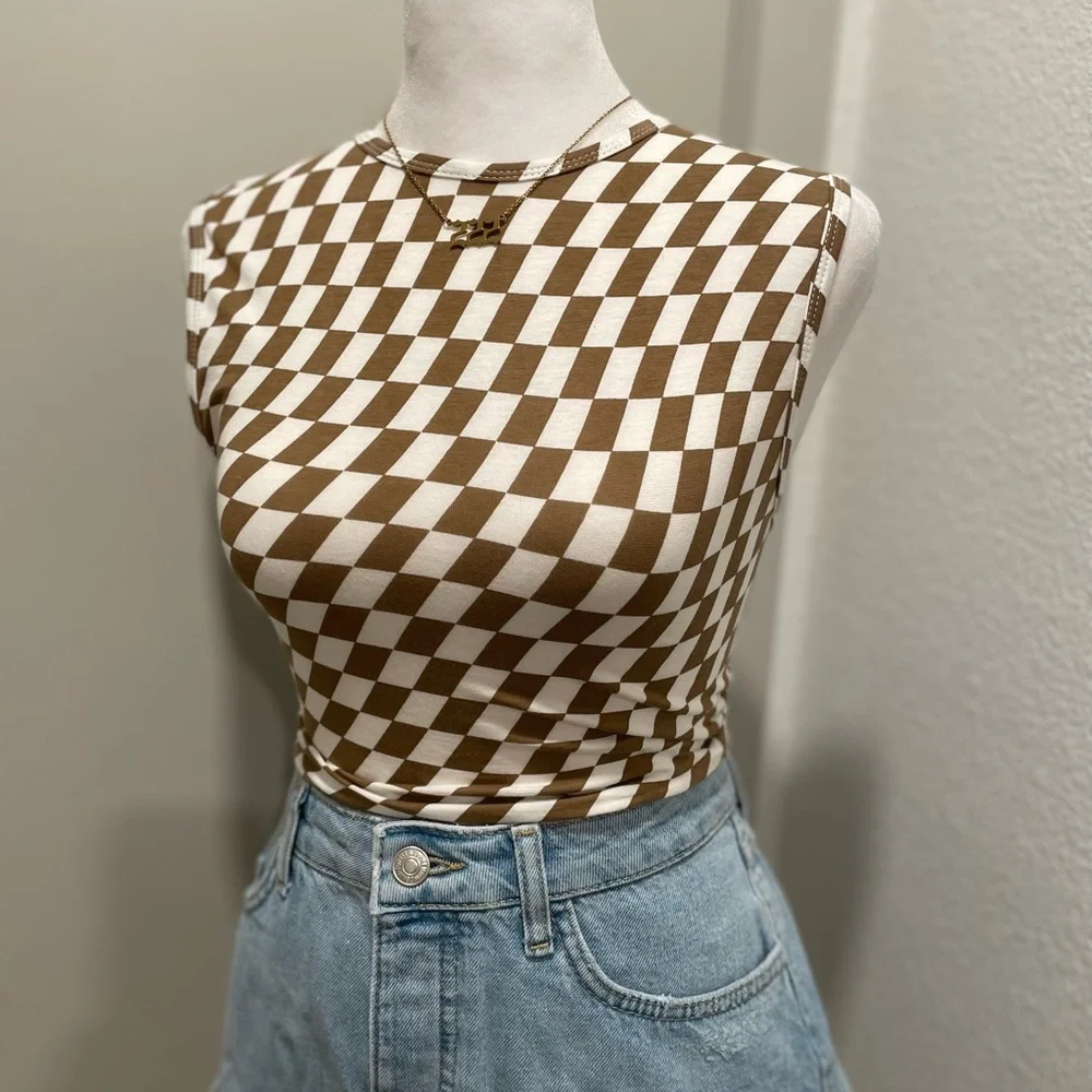 MOTEL Rocks Gimon Brown & White Checkered Crop Tank Top - S - Picture 11 of 11